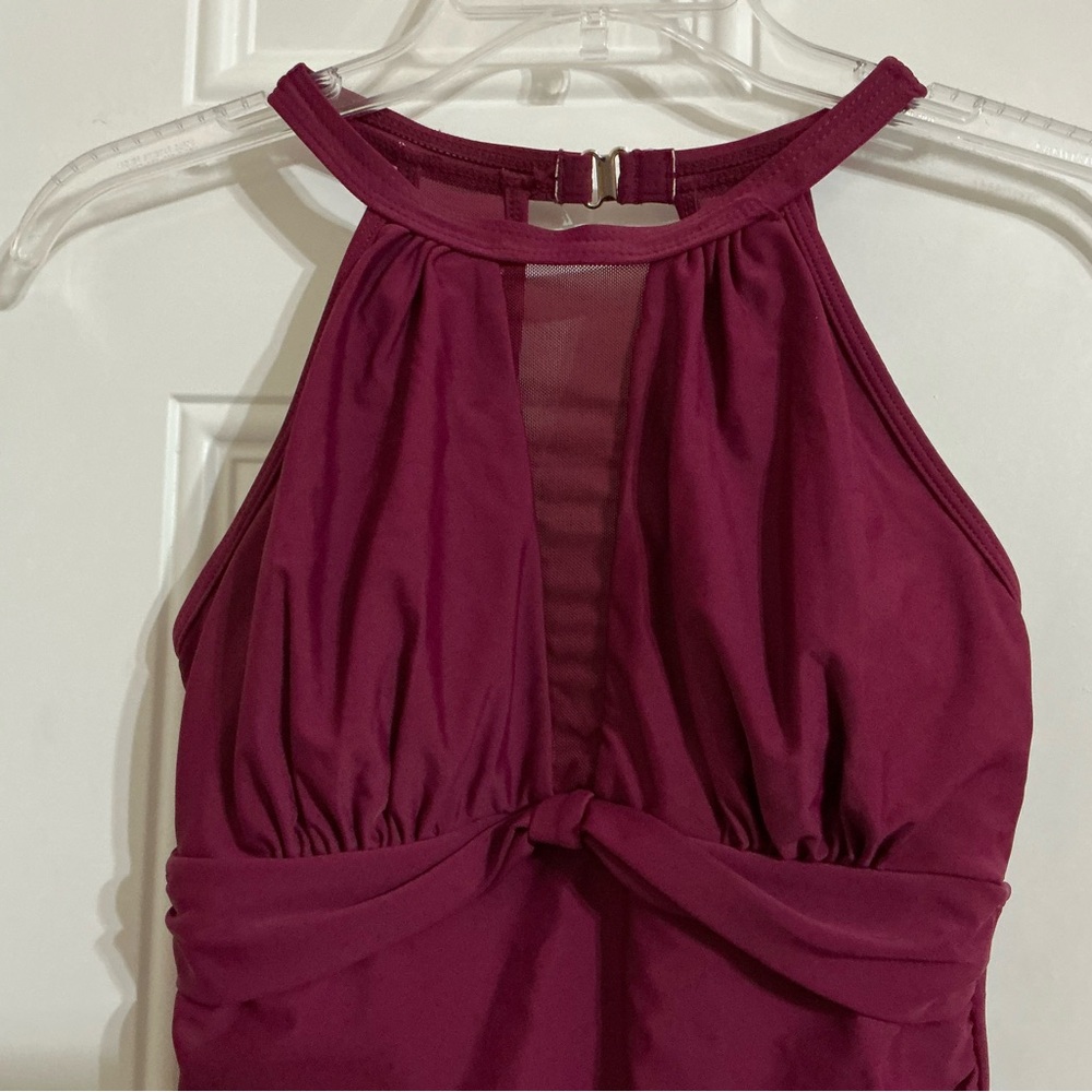 New Tempt Me Burgundy One Piece High Neck Plunge Mesh Ruched Swimsuit Size S - Picture 5 of 10
